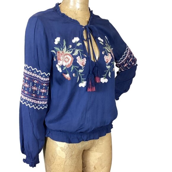 AE/American Eagle BOHO Embroidered Tie Neck Top Long Sleeve S Navy Blue #311J - Picture 4 of 12